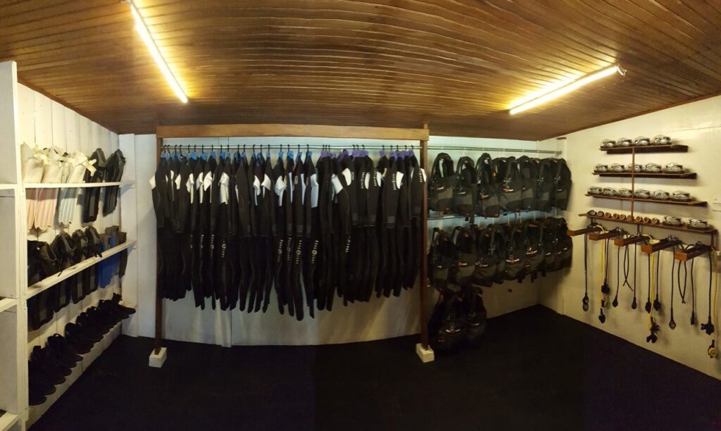 Scuba diving equipment room in a dive resort