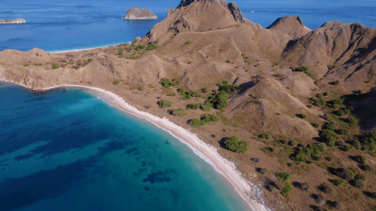 pink beach drone view komodo