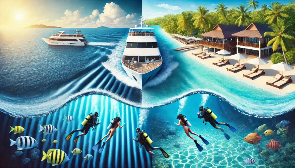 illustration of dive resort Vs a Liveaboard diving trip