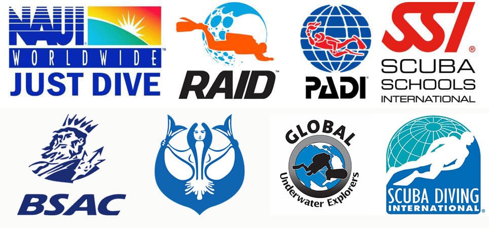 Comparison of scuba diving certification agency logos, highlighting popular organizations such as PADI, SSI, CMAS, and RAID.