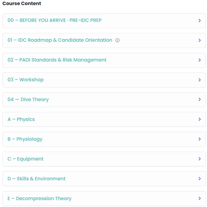 DDK IDC Candidate Portal dashboard showing day-by-day course tracking for the PADI Instructor Development Course