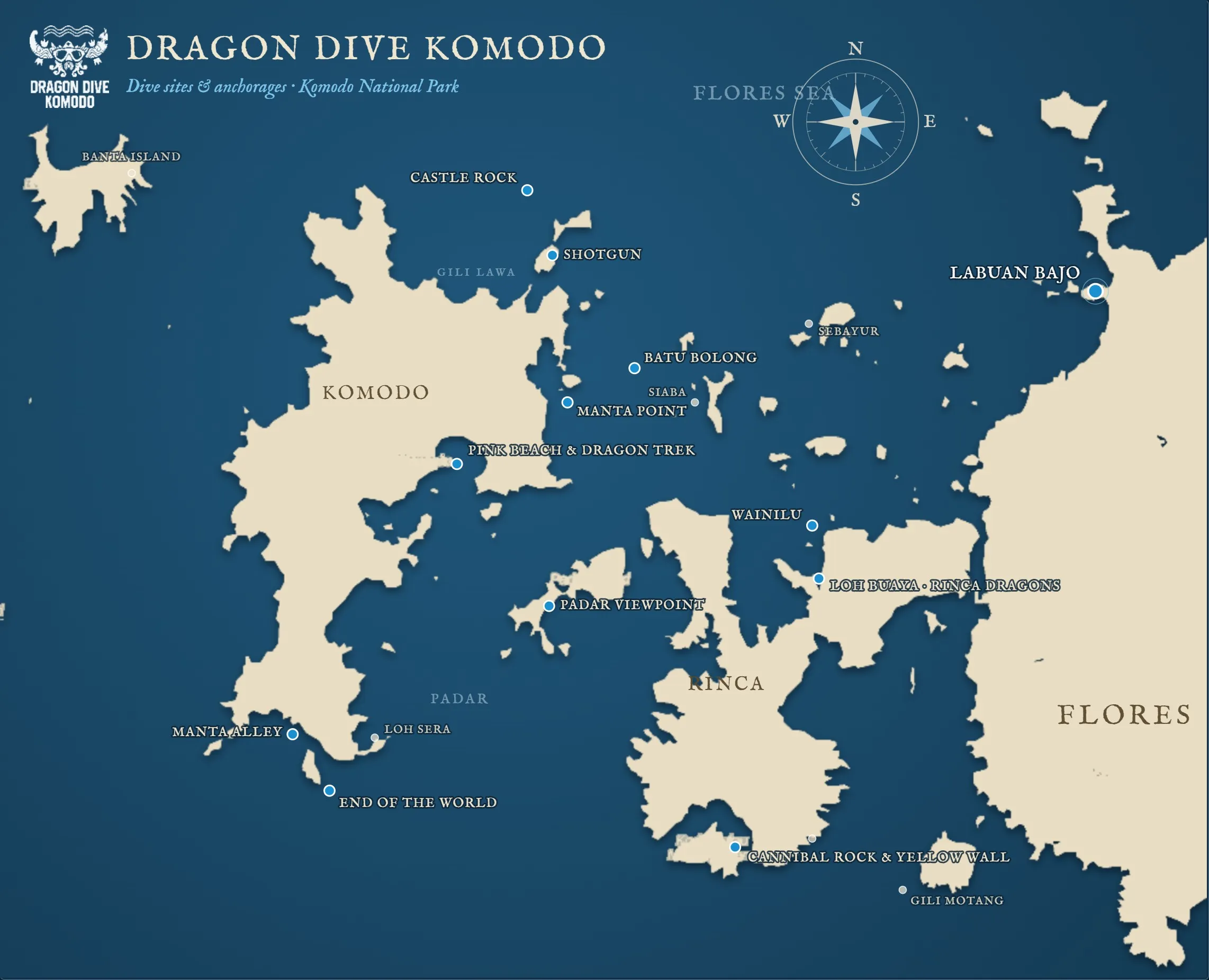 Map of North, Central and South Komodo liveaboard diving areas