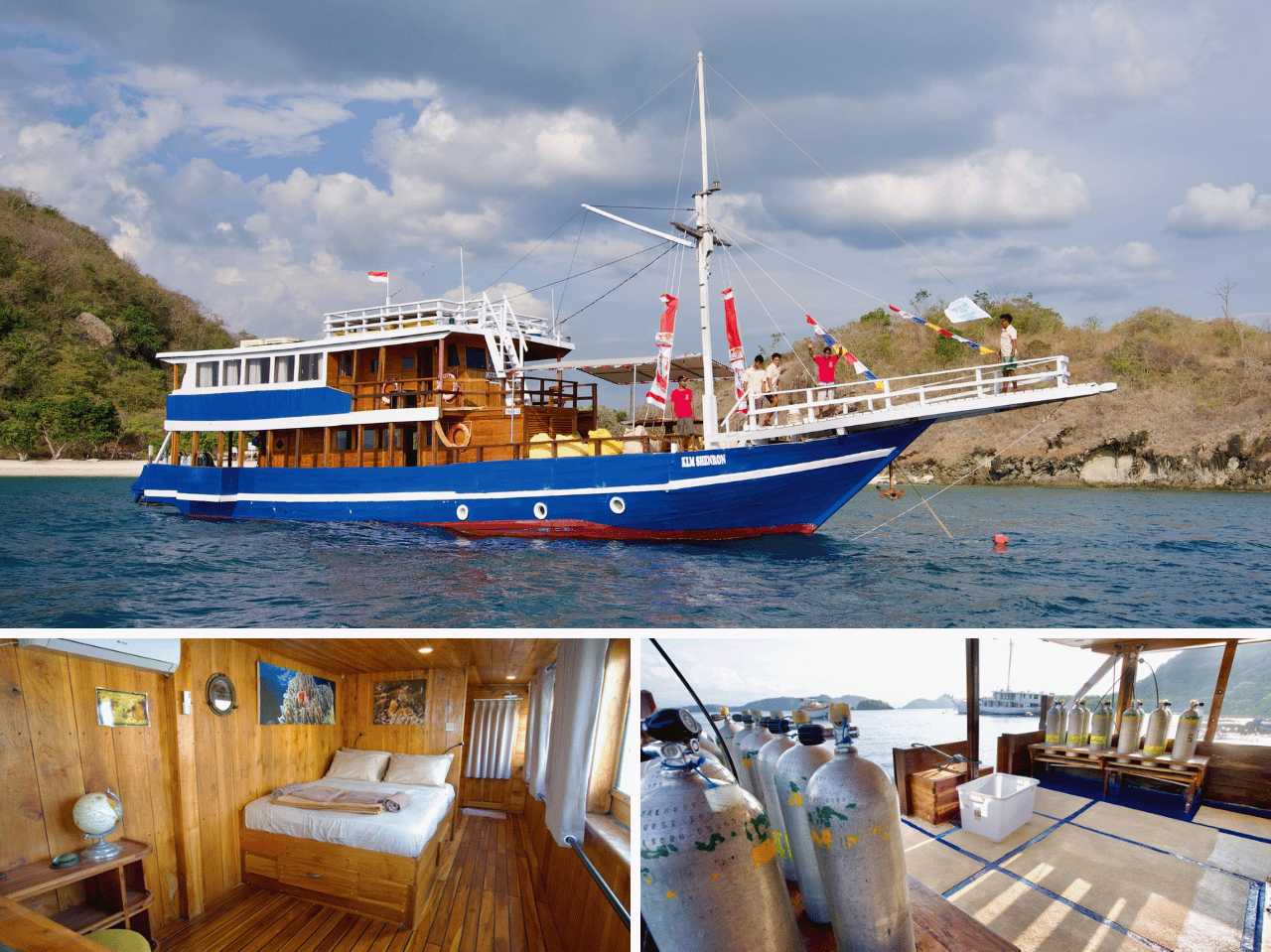 Shenron Komodo liveaboard exterior, double cabin and dive deck with Nitrox scuba tanks